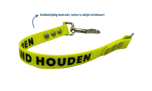 Waarschuwingslabel hulp bij trainen met je hond dubbelzijdig bedrukt neon geel BioThane