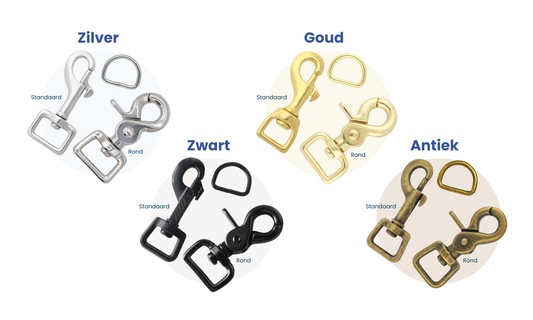 Voorbeelden van musketons in standaard en ronde vorm in de kleuren zilver, zwart, goud en antiek