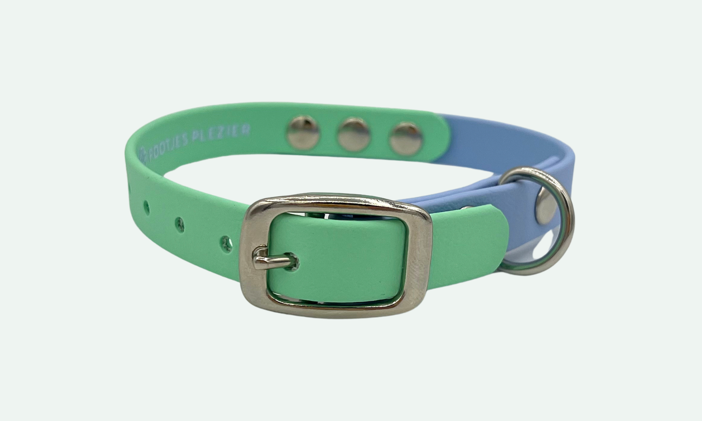 Honden halsband in de kleuren lichtgroen en lichtblauw