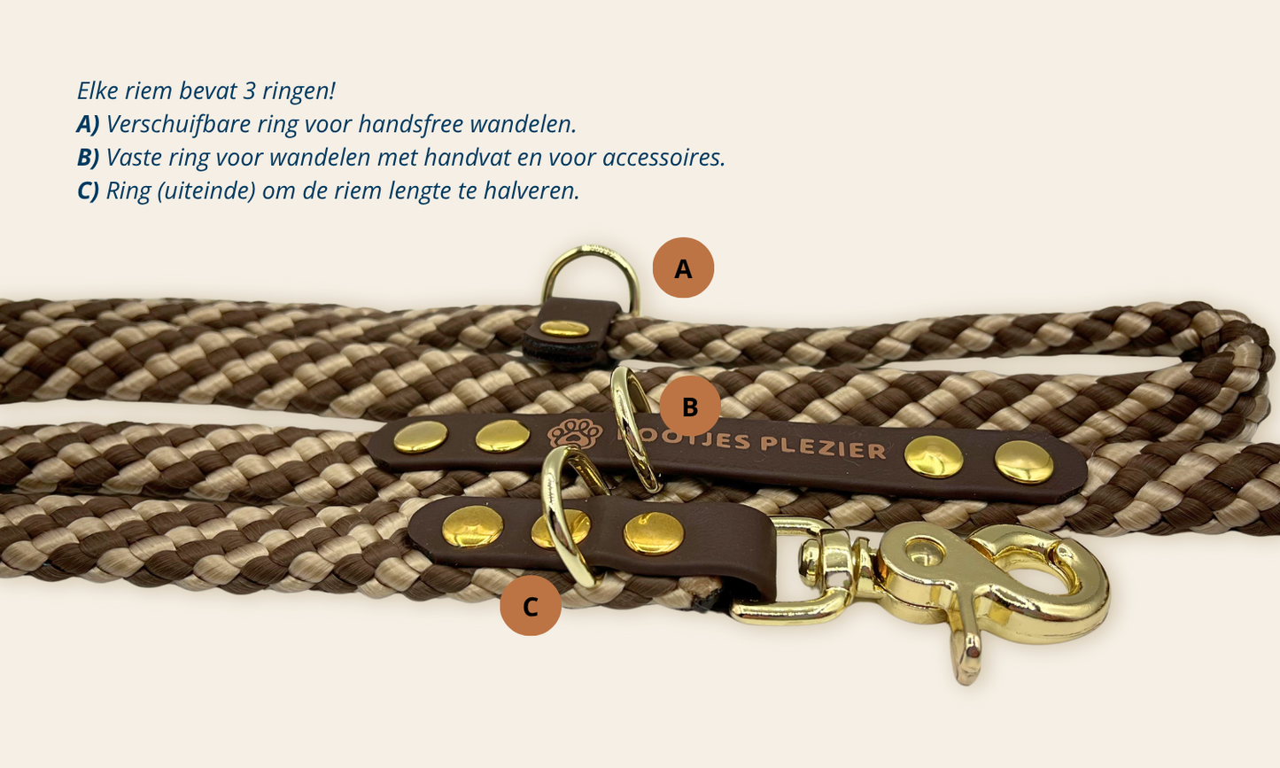 Verstelbare en handsfree 7 in 1 hondenriem - Touw: Mokka