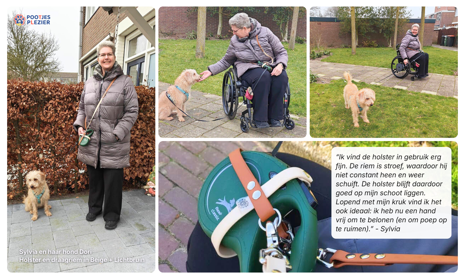 Een collage van 4 foto's van dame in rolstoel met haar hond die de holster met daarin een Flexi rollijn draagt