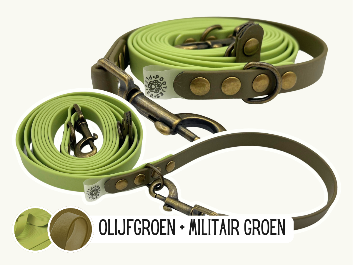 Olijfgroene hondenriem van PawTex met militairgroene afwerking.