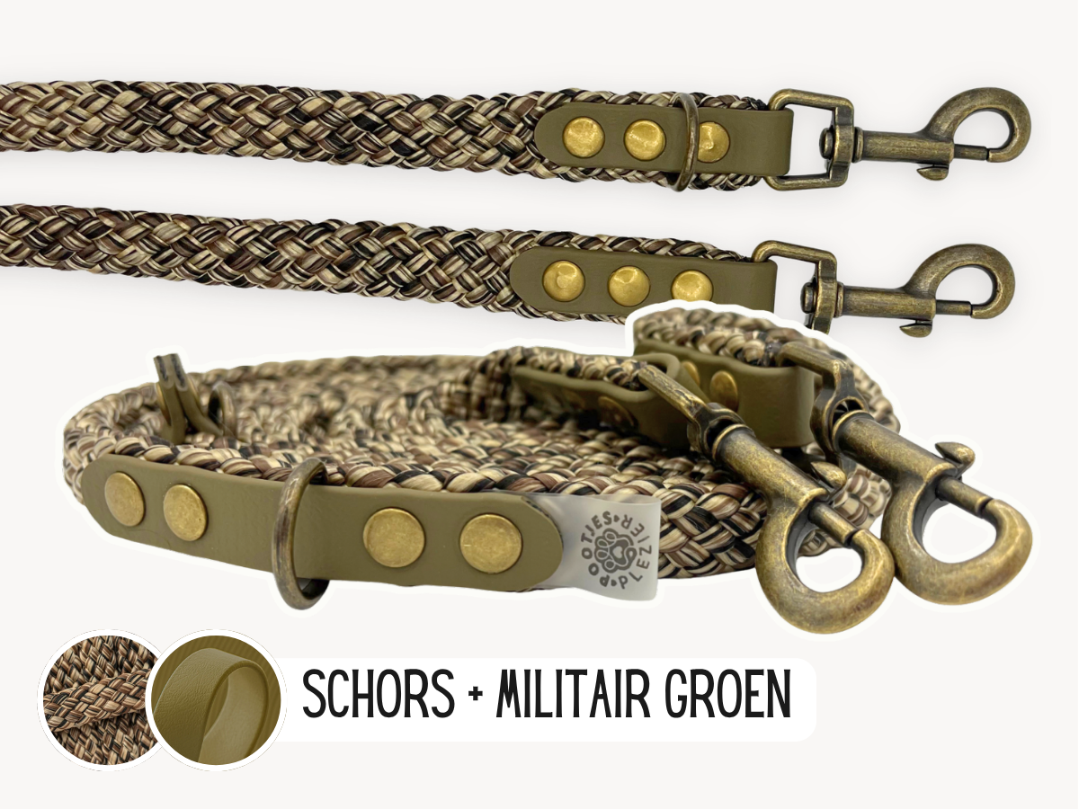 Hondenriem van touw in kleur schors met militairgroene afwerking.
