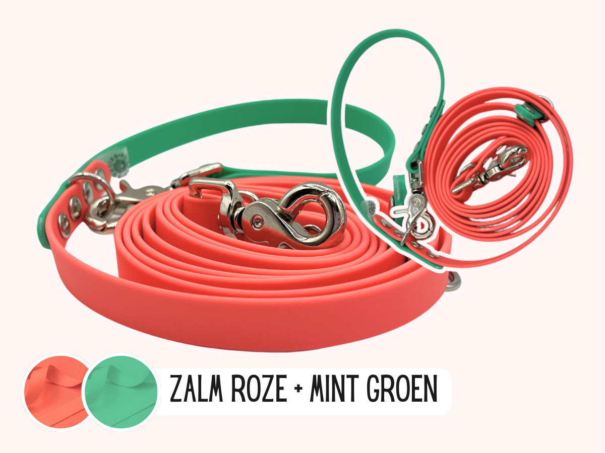 Zalmroze hondenriem van PawTex met mintgroene afwerking.