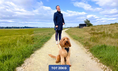 Man met hondenriem met handvat en een hond zit voor hem.